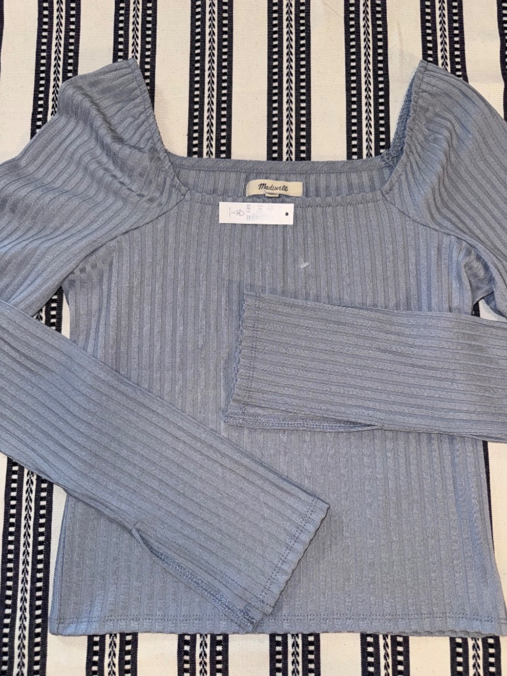 NWT, Madewell Ribbed Fitted Slate Blue Long-Sleeved Top, Off-The-Shoulder, M - Picture 12 of 12